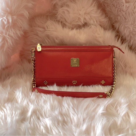 MCM Handbags - MCM red mini bag with gold chain hand strap and removable crossbody chain strap